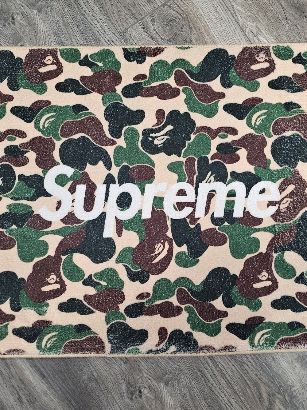 Supreme OG BAPE Beige Camo Logo Rug with White Script
